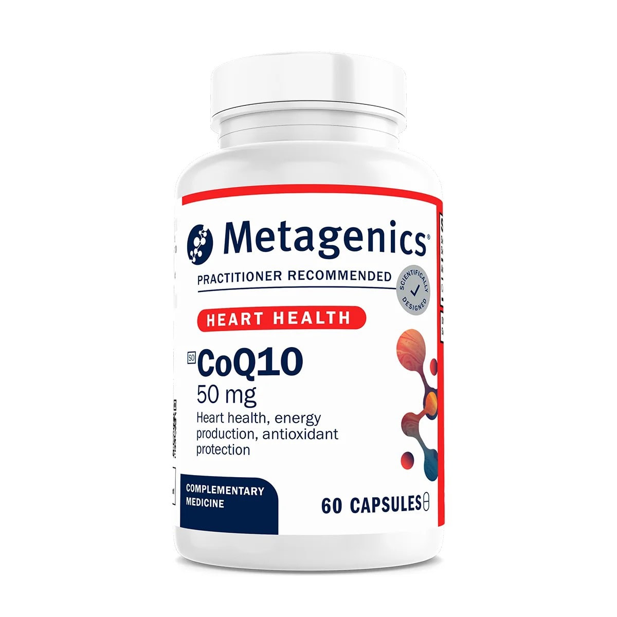 An image of a supplement container reading Metagenics CoQ10 for Heart Health, energy production, antioxidant protection. Containing 60 Capsules